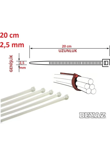 20CM x 2,5mm Plastik Cırt Kelepçe ( Kablo Bağı ) Saydam-Beyaz