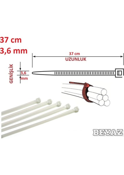 37CM x 3,6mm Plastik Cırt Kelepçe ( Kablo Bağı ) Saydam-Beyaz