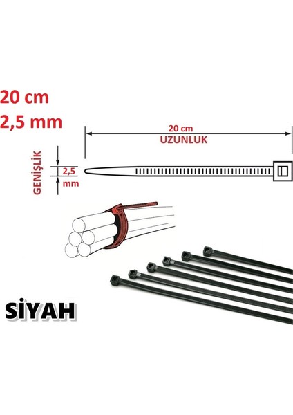 20CM x 2,5mm Plastik Cırt Kelepçe ( Kablo Bağı ) Siyah