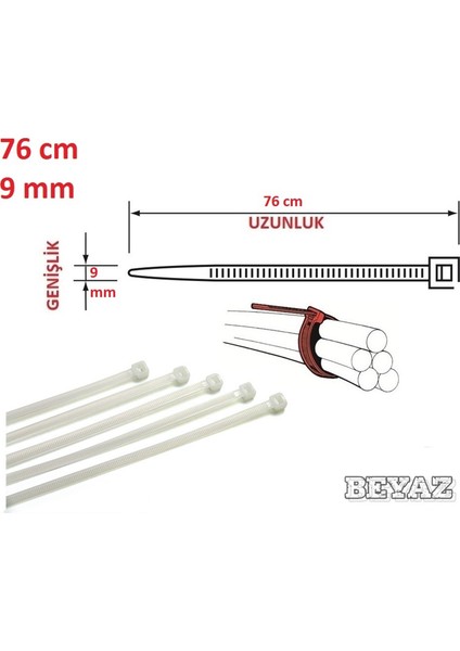 76cm x 9mm Plastik Cırt Kelepçe ( Kablo Bağı) Saydam-Beyaz