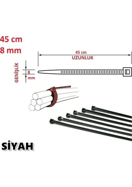 45cm x 8mm Plastik Cırt Kelepçe ( Kablo Bağı) Siyah