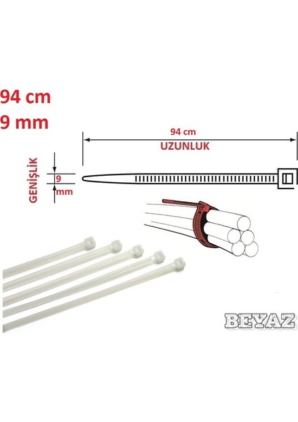 94cm x 9mm Plastik Cırt Kelepçe (Kablo Bağı) Şeffaf-Beyaz