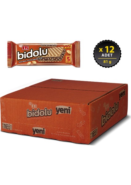 Bidolu Kakao Kremalı Yer Fıstığı Parçacıklı Gofret 81 g x 12 Adet