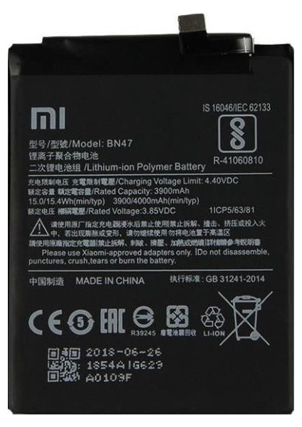 Xiaomi Mi A2 Lite / Redmi 6 Pro (BN47) Uyumlu Batarya Pil 4000 mAh