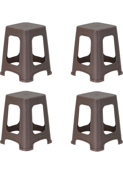 Plastik Rattan Hasır Desenli Büyük Tabure 4 Lü Set