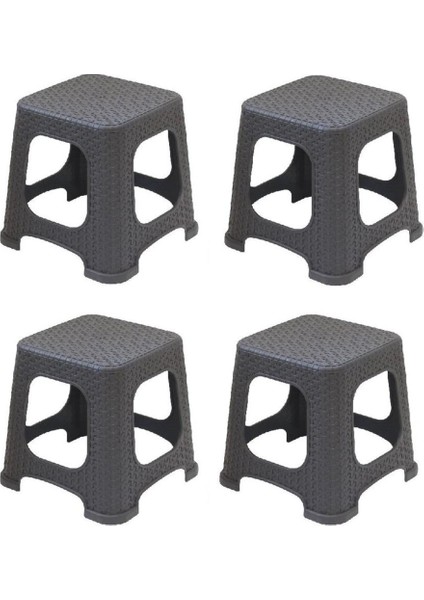 Plastik Rattan Hasır Desenli Küçük Tabure 4 Lü Set