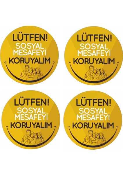 Sosyal Mesafe Sticker - 4 Adet Yuvarlak Yapışkanlı Yer Folyosu 25 x 25 cm