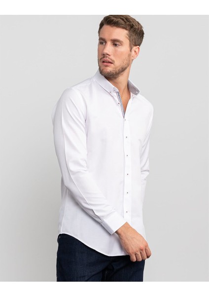 Slim Fit Düz Beyaz Erkek Gömlek