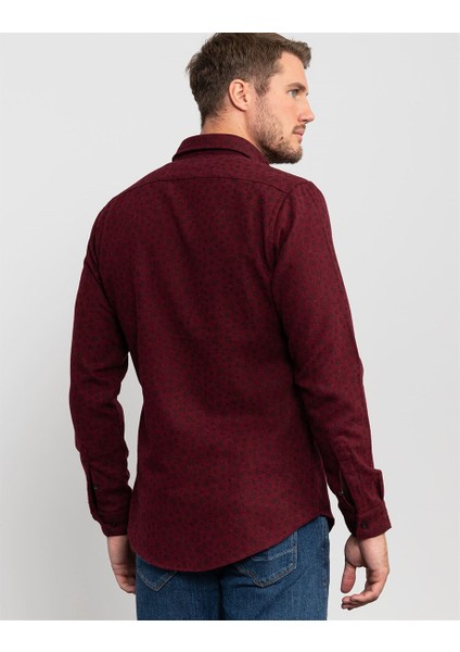 Slim Fit Kışlık Baskılı Bordo Gömlek