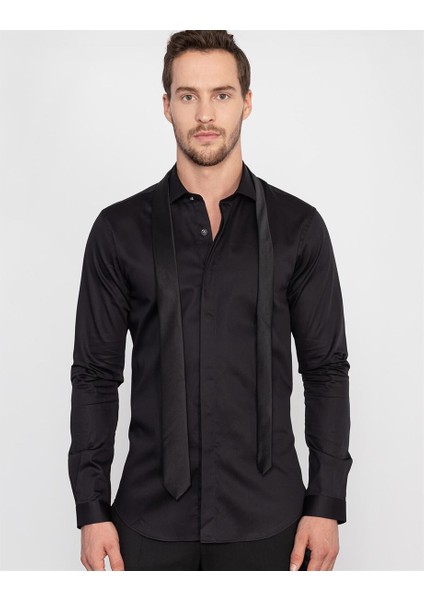 Slim Fit Likralı Siyah Erkek Gömlek