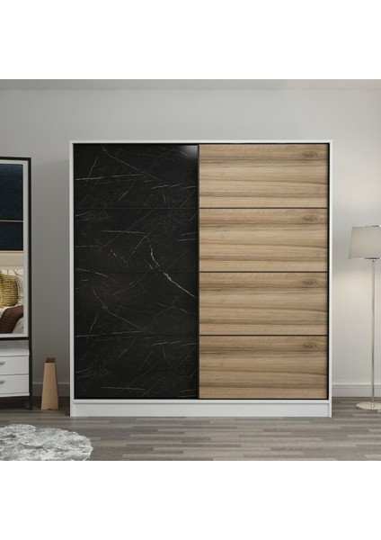 Kale 2 Kapaklı Aynalı Sürgülü Dolap 180 Cm - Beyaz/Royal Mermer/Dore