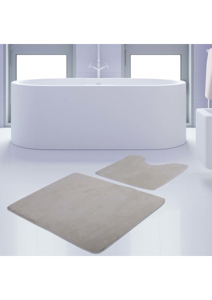 2'li Unicolor Krem Rengi Kaymaz Taban Banyo Paspası & Halısı Seti