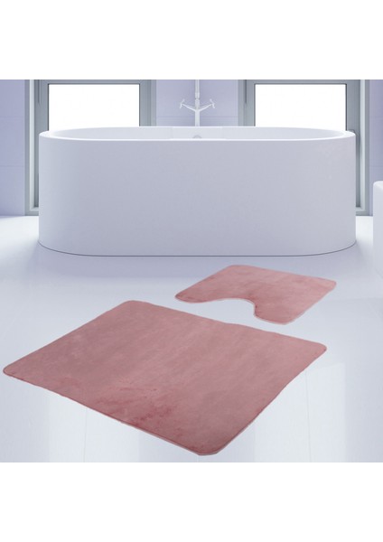 2'li Unicolor Pembe Kaymaz Taban Banyo Paspası & Halısı Seti