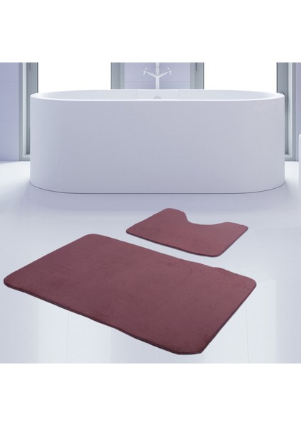 2'li Unicolor Mürdüm Kaymaz Taban Banyo Paspası & Halısı Seti