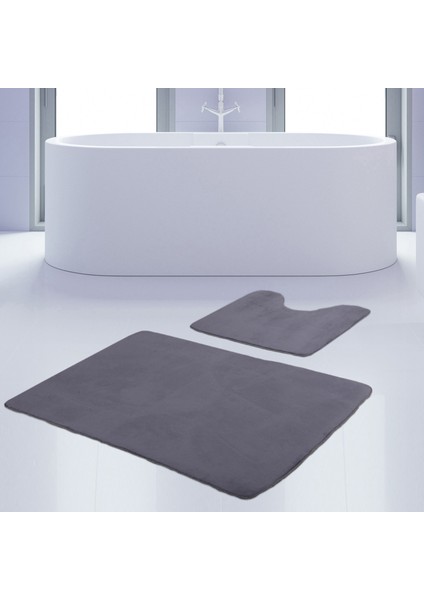 2'li Unicolor Gri Kaymaz Taban Banyo Paspası & Halısı Seti
