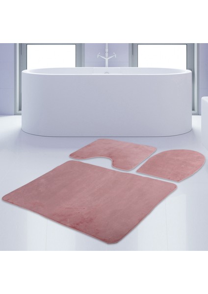 3'lü Unicolor Pembe Kaymaz Taban Banyo Paspası & Halısı Seti