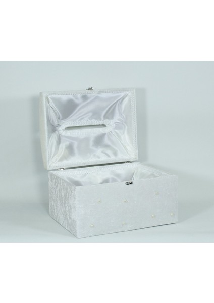 Zarf Takı Sandığı Ekru Büyük Boy Kadife ve Saten Kaplama 30x38x26 cm Şık Tasarım