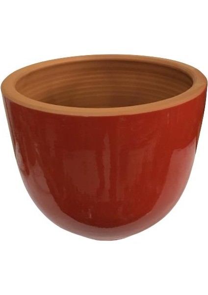 Kırmızı Renk Sırlı , El Yapımı Tombul Toprak Saksı (30*27 Cm)