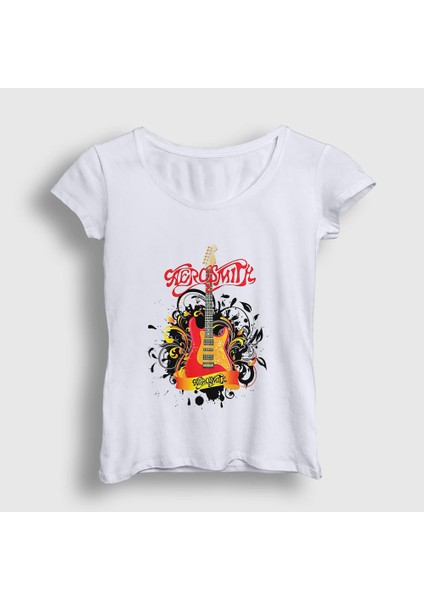 Kadın Beyaz Gitar Aerosmith T-Shirt