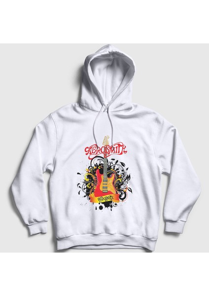 Unisex Beyaz Gitar Aerosmith Kapüşonlu Sweatshirt