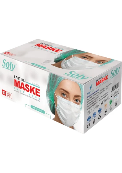 Soly Care Üç Katlı Lastikli Burun Telli Cerrahi Maske 50 Adet (50'li 1 Kutu) Beyaz