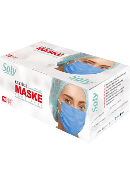 Üç Katlı Lastikli Burun Tell Cerrahi Maske 100 Adet (50'li 2 Kutu) Mavi