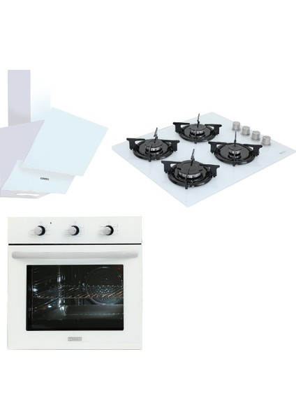 Beyaz 3`lü Cam Ankastre Set (Yogamodern Fırın + FELİX60 Ocak + HAWK60 Davlumbaz)