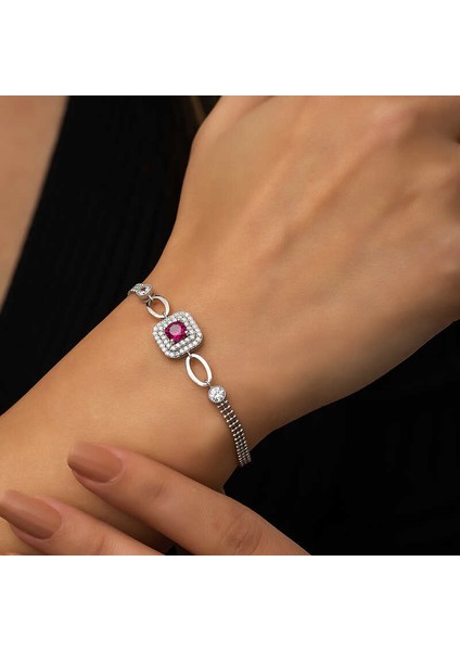 Gümüş Kare Montür Pembe Taşlı Bileklik modelleri