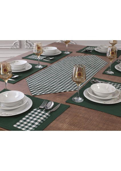 Tropikhome Moena Amerikan Servis Supla ve Runner Seti 6 Kişilik Yeşil Ekose Desen Set