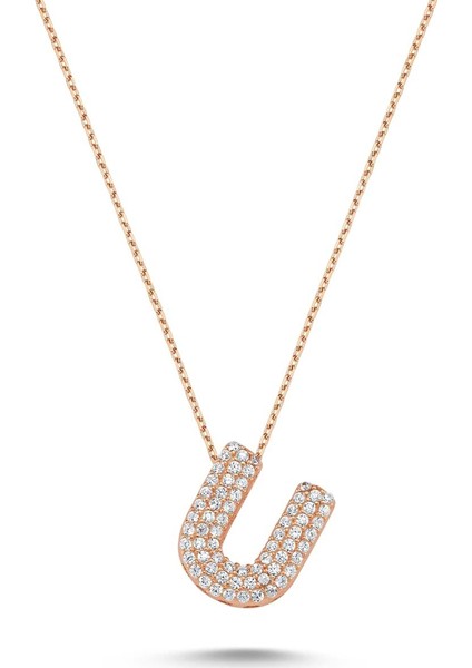 Harfli Kolyeler Rose Gümüş Taşlı - Ü Harfi - Standart - ADA001-1735