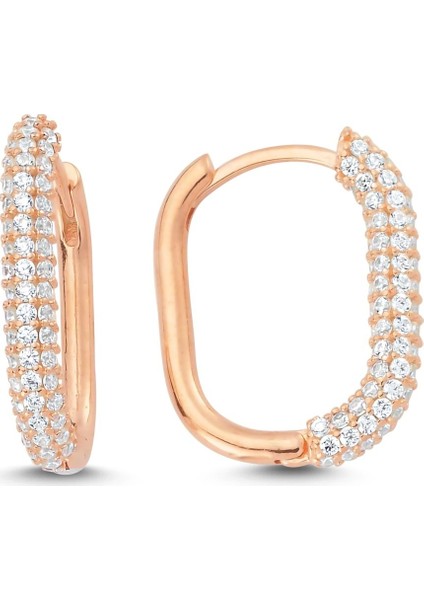 Trendy Oval Taşlı Gümüş Küpe - Rose - Standart