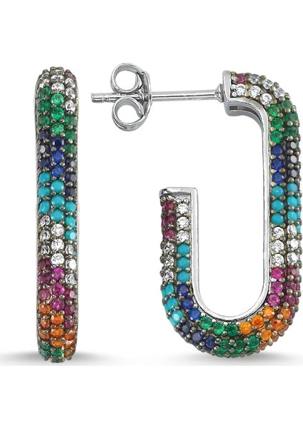 J Küpe Renkli Taşlı Gümüş - Rose - Standart - KÜPAD002-2069
