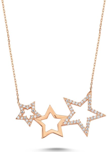 Üç Yıldız Gümüş Taşlı Kolye - Rose - Standart - ADA0025-1683