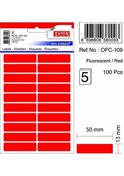 Ev-Ofis Renkli Etiket Floresan Kırmızı 13 x 50 mm