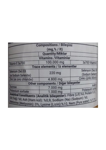 Avian Vitamin E Selenyum 1 Lt