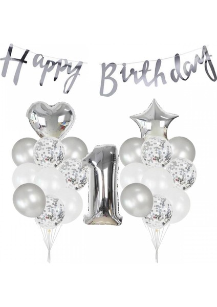 1 Yaş Gümüş Happy Bırthday balon Seti