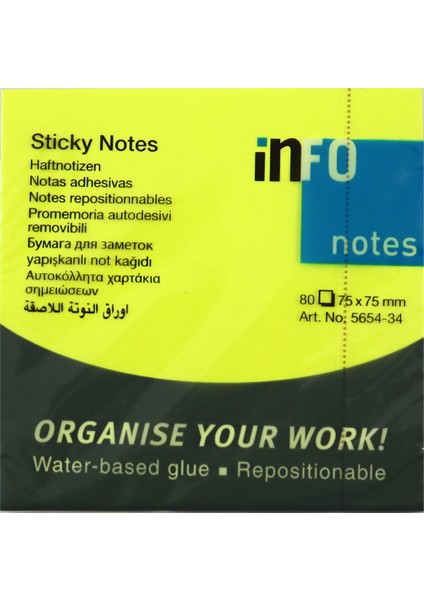 Info Notes Postit 80 Yaprak Fosforlu Sarı  75 x 75