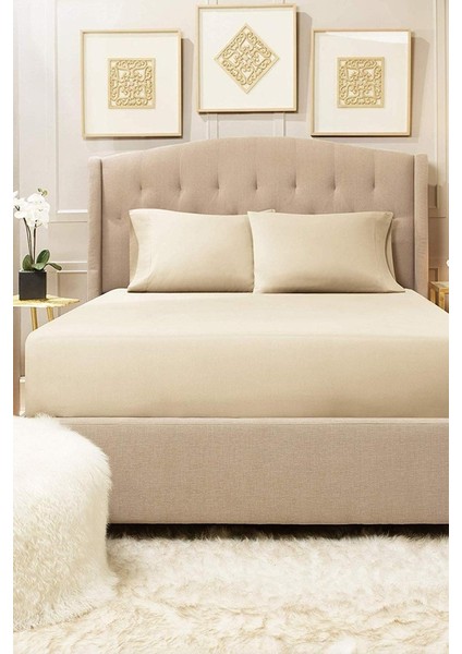 Çift Kişilik 160X200 Bej Renk Lastikli Çarşaf Seti %100 Pamuklu