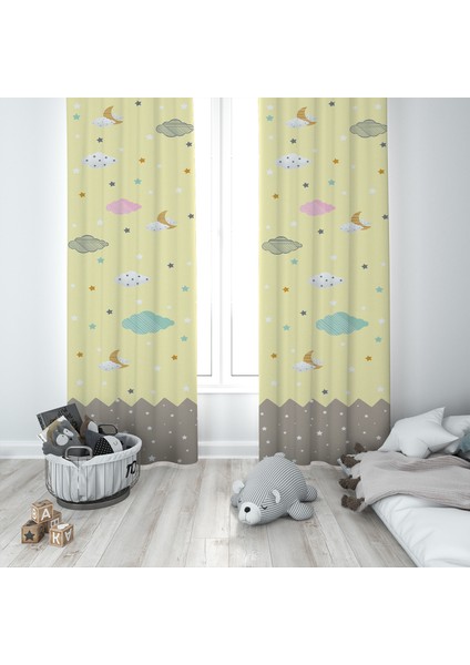 Çocuk Odası Bebek Odası Sarı Fon Perde 2 Kanat TLA-021