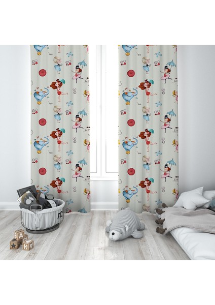 Renkli Desen Çocuk Odası Bebek Odası Fon Perde 2 Kanat TLA-025