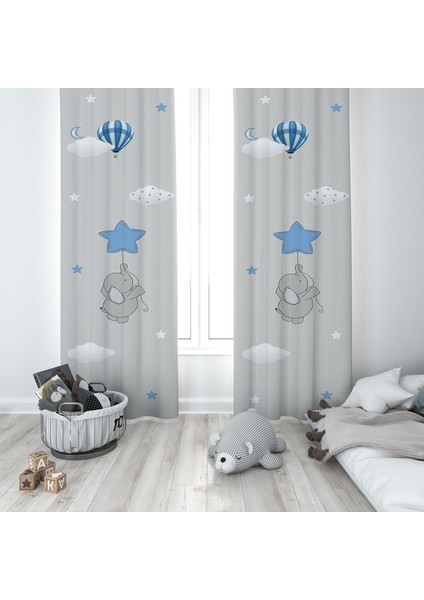 Çocuk Odası Bebek Odası Fil Desen Fon Perde 2 Kanat TLA-074