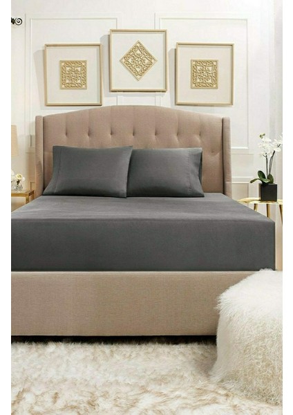 Çift Kişilik 160X200 Koyu Gri Lastikli Çarşaf Seti %100 Pamuklu