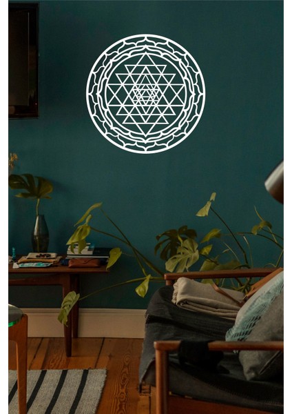 Beyaz Sri Yantra Mandala Kutsal Geometri Duvar Dekoru-Süsü, Ahşap Dekoratif Tablo