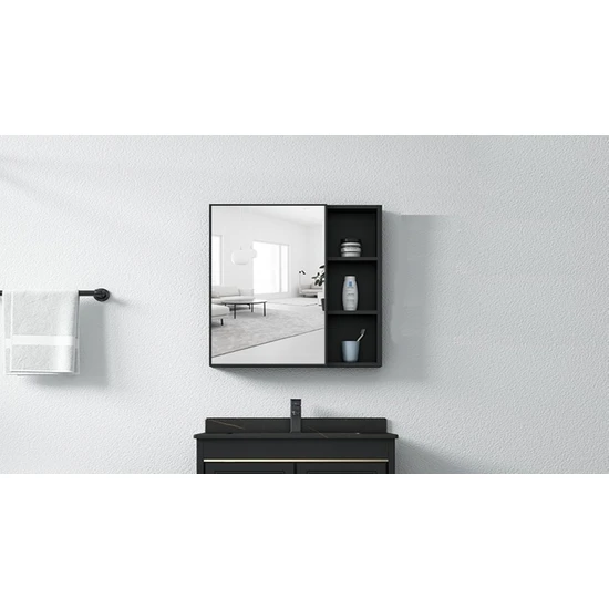 Taç Dekorasyon Siyah Banyo Dolabı Aynalı Üst Modülü