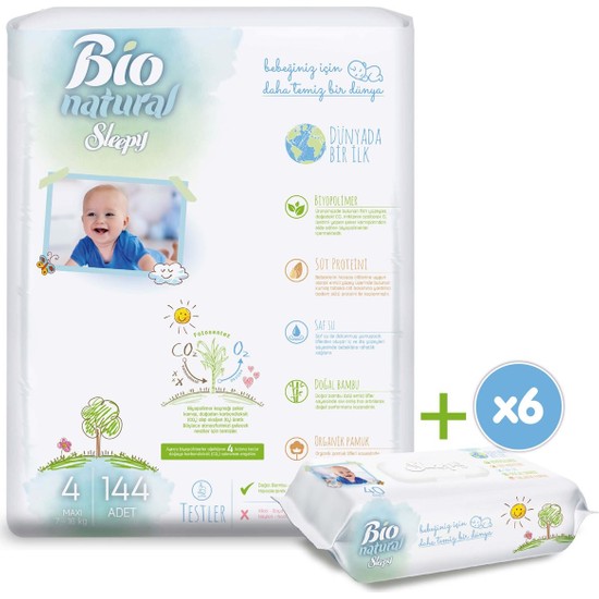 Sleepy Bio Natural Bebek Bezi 4 Numara Maxi 144�LÜ + 6X40 Fiyatı