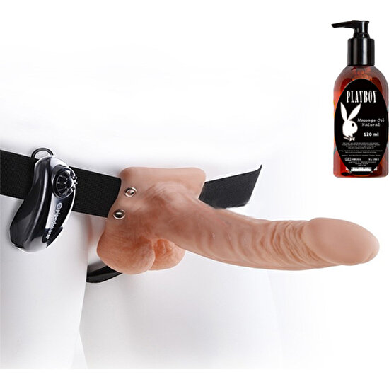Pipedream Içi Boş Titreşimli Testisli Realistik Belden Bağlamalı 19 cm Penis ve Playboy Masaj Yağı