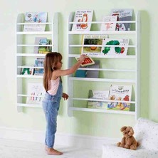 Ahsel Ahşap Montessori Beyaz Kitaplık, Çocuk Odası Duvar Kitaplığı, Anaokulu Duvar Rafı