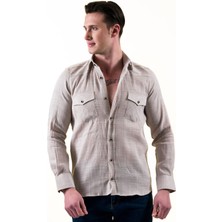 Exve Exclusive Gri Melanj Doğal Keten Slim Fit Western Malboro Gömlek