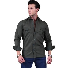 Exve Exclusive Zümrüt Yeşili Flamlı Dokuma Slim Fit Western Gömlek