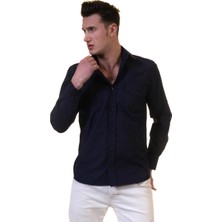 Exve Exclusive Lacivert Keten Slim Fit Western Gömlek